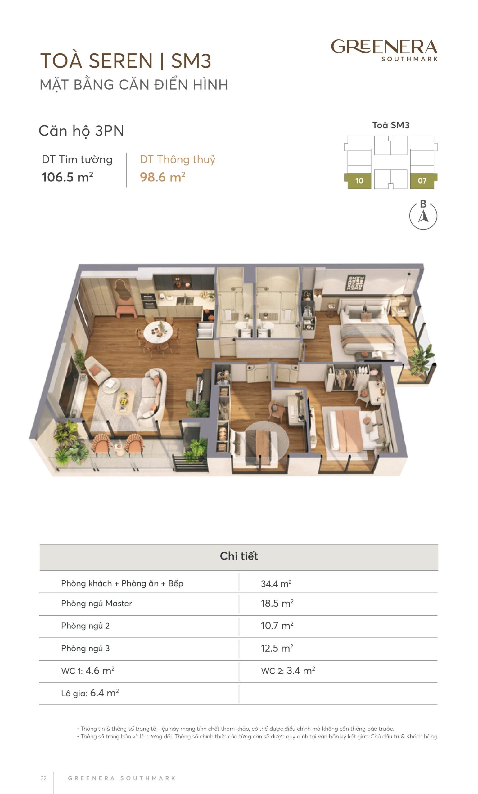 thiết kế căn 3 PN dự án greennera southmarrk
